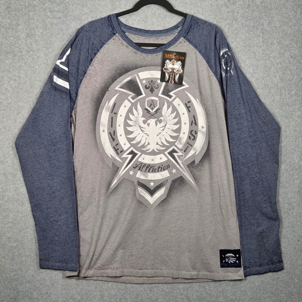 Affliction NEW Men 2XL Hypersonic Long Sleeve Raglan T-Shirt Made USA Gray Crew
